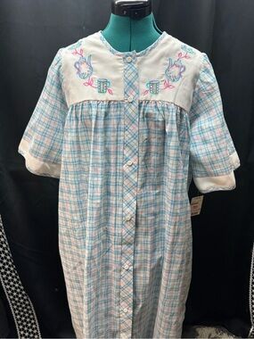 Blue Plaid Housecoat  with Embroidered